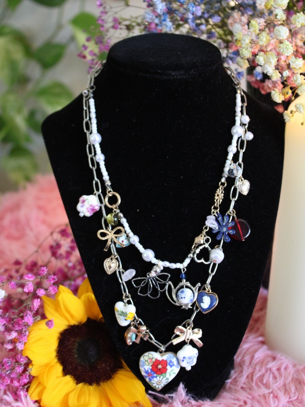 NWT Free People Layered Pearl Floral Charm Necklace MSRP $68 - Picture 11 of 14